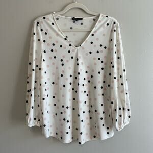 Adrianna Papell Size M Cream Blouse Pink Black Dots Long Sleeves V-Neck